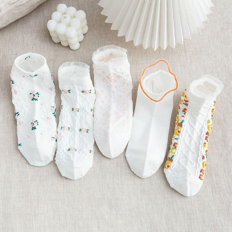 5 Pairs Women Girls Flowers Lace Socks