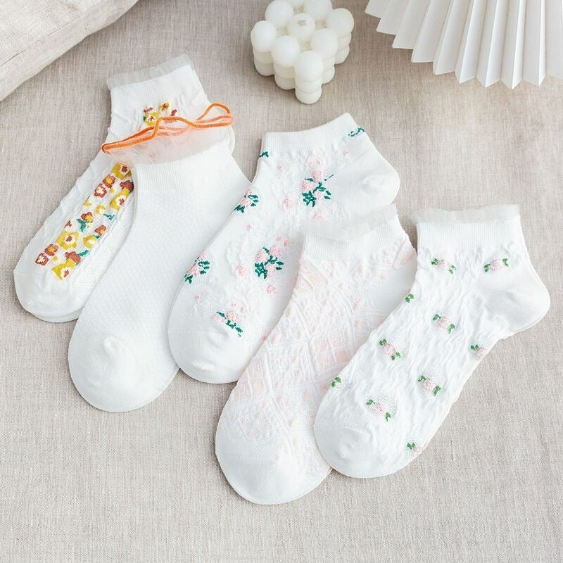 5 Pairs Women Girls Flowers Lace Socks