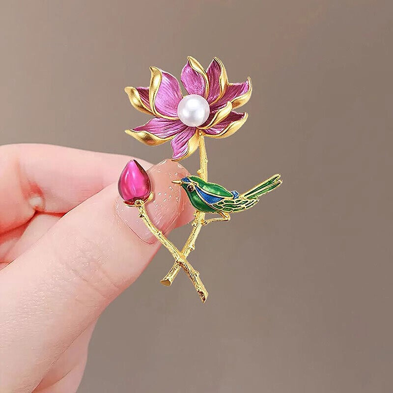 Exquisite Pearl Lotus & Magpie Pin Brooch