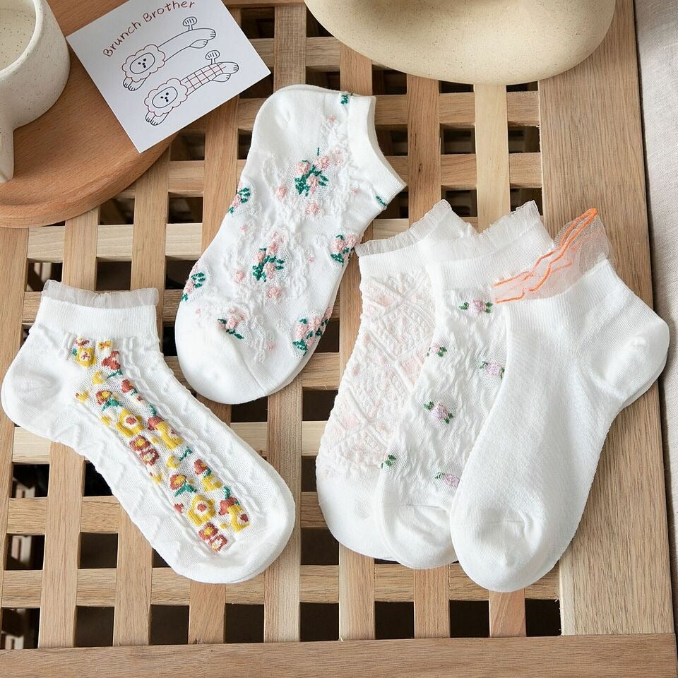 5 Pairs Women Girls Flowers Lace Socks